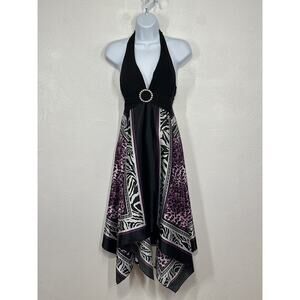 90s Y2K O Linda Dress M Purple Animal Print Handkerchief Hem Silky Dark Fairy